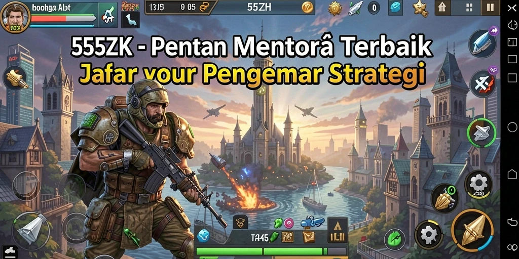 Gameplay 555ZK dengan menara pertahanan yang strategis.