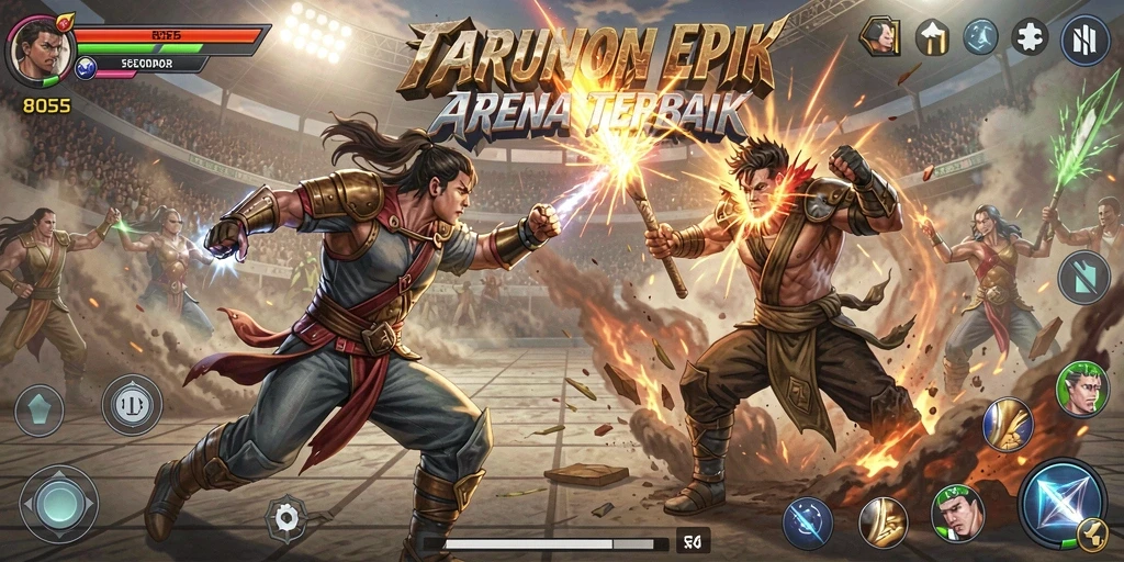Screenshot gameplay 8055 menampilkan pertarungan intens dengan efek visual yang menarik.