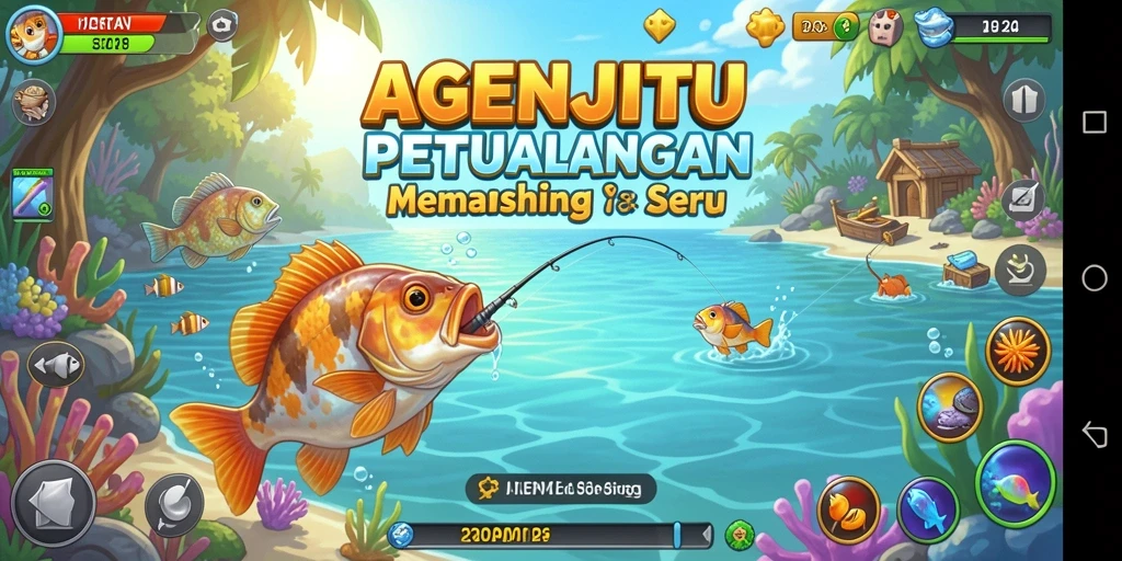 Gameplay AGENJITU yang penuh aksi memancing di pemandangan indah.
