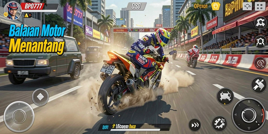 Tampilan seru gameplay BPO777 saat balapan motor di trek menantang.