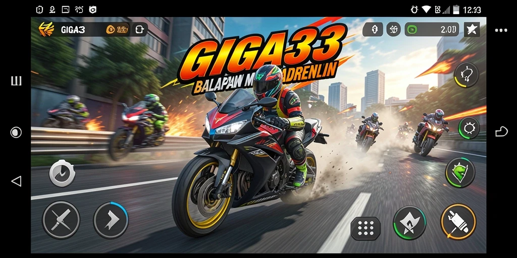Screenshot gameplay GIGA33 yang menampilkan aksi balapan motor yang intens.
