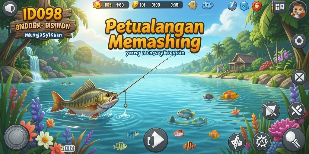 Screenshot gameplay ID098 menampilkan pemain sedang memancing di danau yang indah.