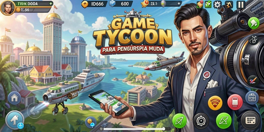 Screenshot gameplay ID66 yang menampilkan simulasi bisnis Tycoon.