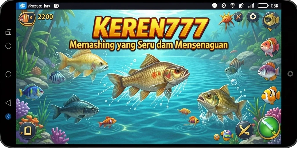 Tampilan gameplay memancing menarik di KEREN777, menampilkan ikan beragam dan latar yang indah.