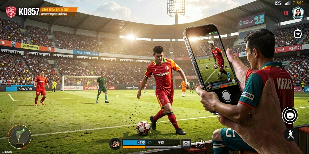 Screenshot gameplay KO857 menampilkan aksi seru di lapangan sepak bola.