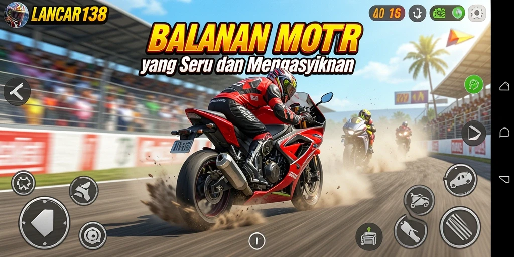 Screenshot gameplay seru dari LANCAR138 dengan balapan motor yang mendebarkan.