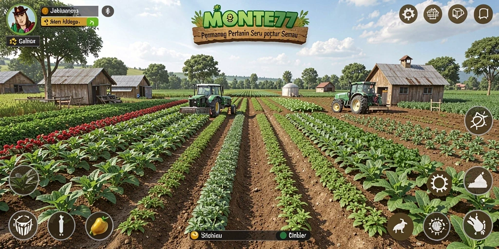 Screenshot gameplay <strong>MONTE77</strong> menunjukkan aktivitas pertanian yang seru dan interaktif.