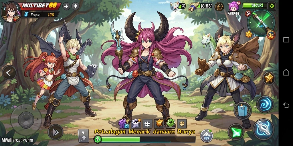Tampilan gameplay yang penuh warna dan karakter anime menarik.