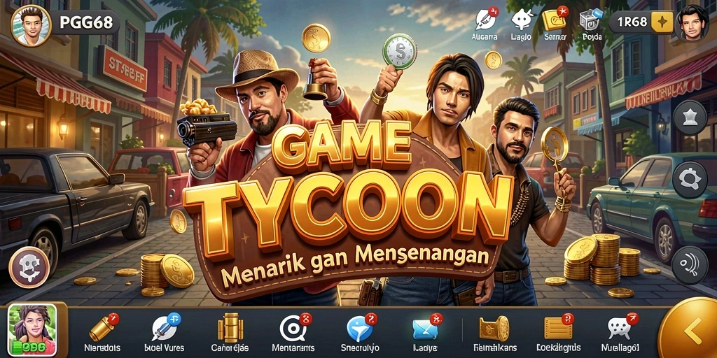 Tampilan gameplay PGG68 yang menunjukkan pembangunan bisnis yang strategis.