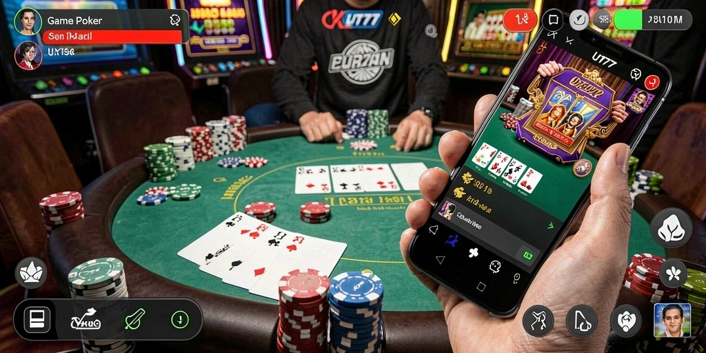 Tampilan gameplay seru UT77 dalam sesi Poker yang mendebarkan.