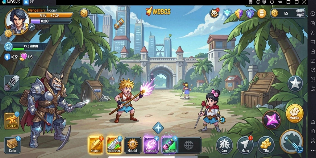 Screenshot gameplay <strong>WDBOS</strong> dengan karakter dan sumber daya yang mengalir.