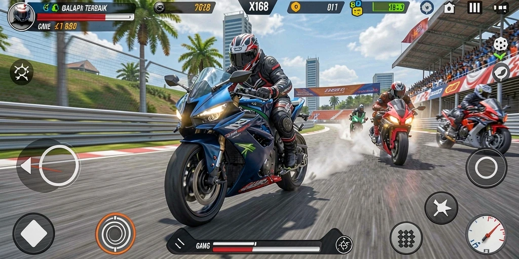 Screenshot X168 menampilkan balapan motor yang seru dan menegangkan.