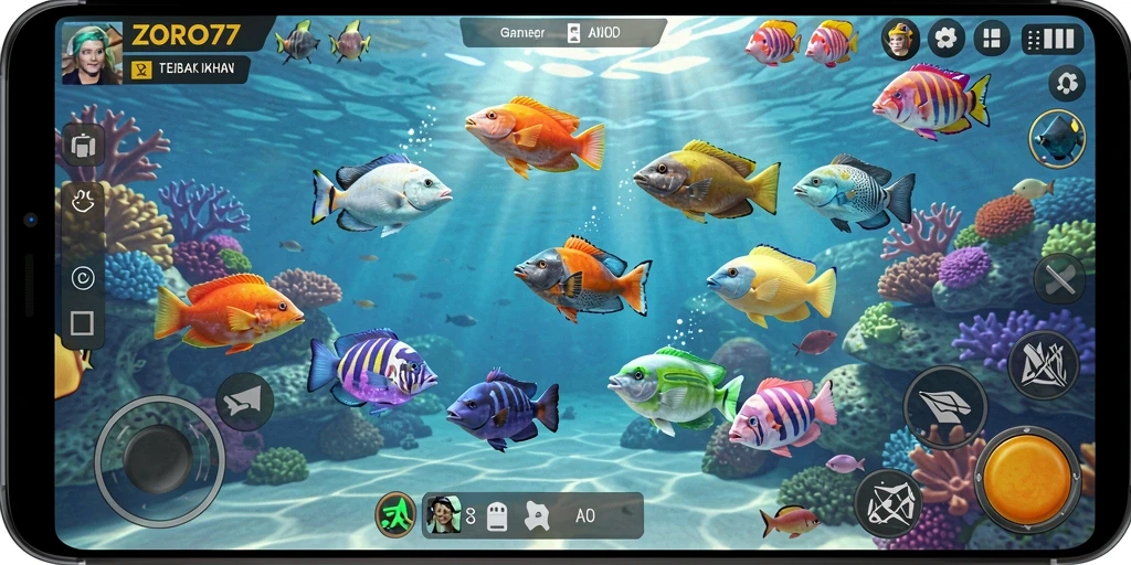 Screenshot gameplay ZORO77 menampilkan aksi tembak ikan yang seru.